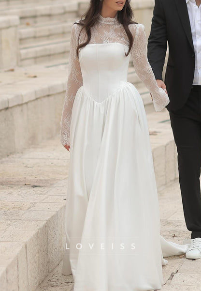 High Neck Long Sleeves Appliques Satin Wedding Dress