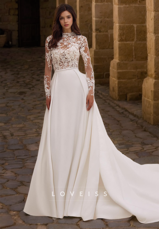 High Neck Long Sleeves Appliques Sleek A-Line Wedding Dress