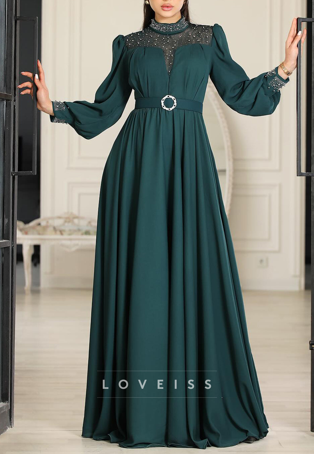 High Neck Long Sleeves Beaded A-Line Mother of Bride Dress