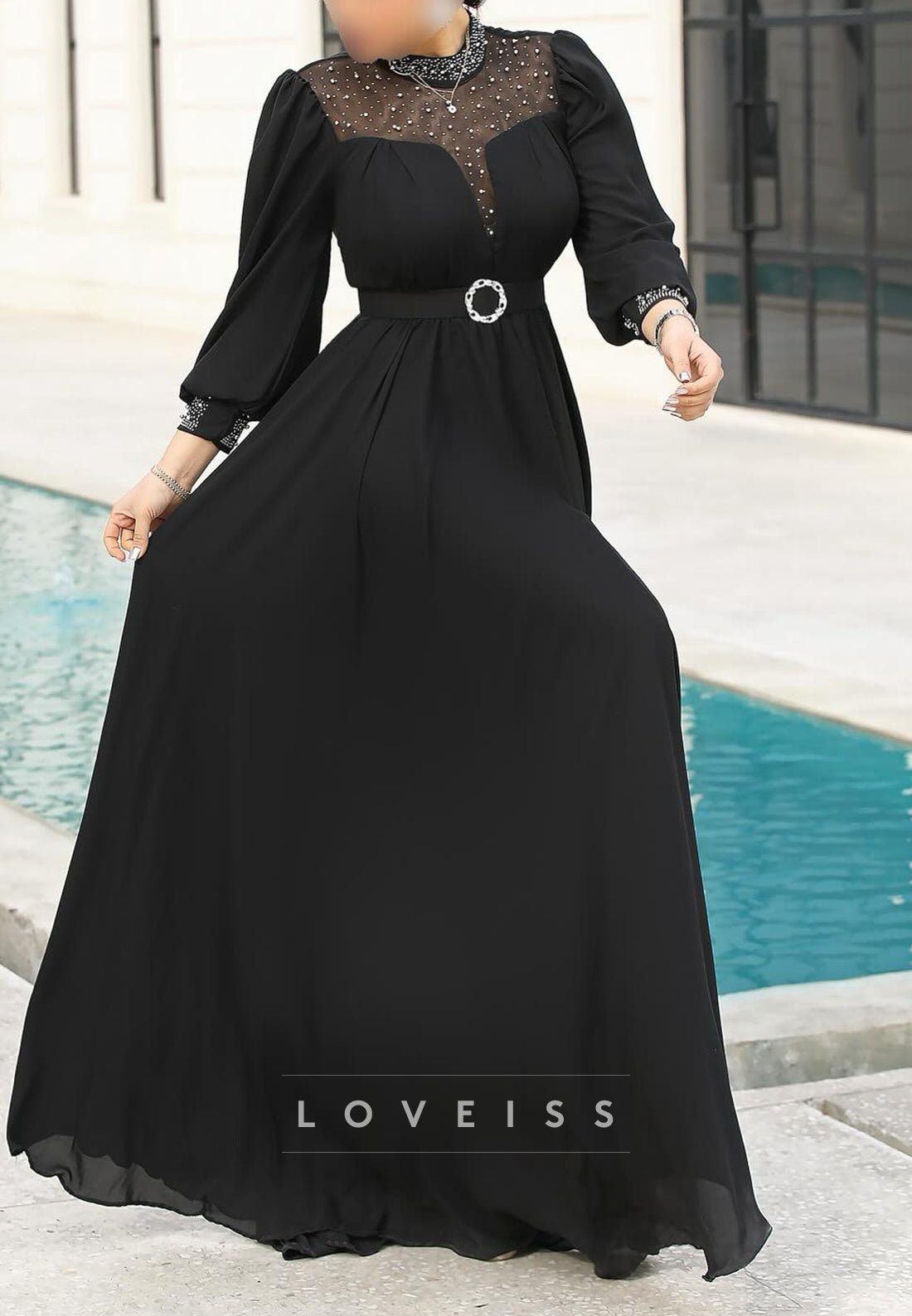 High Neck Long Sleeves Beaded A-Line Mother of Bride Dress