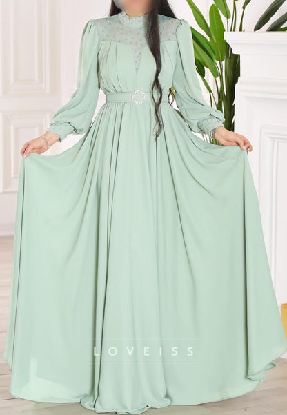 High Neck Long Sleeves Beaded A-Line Mother of Bride Dress