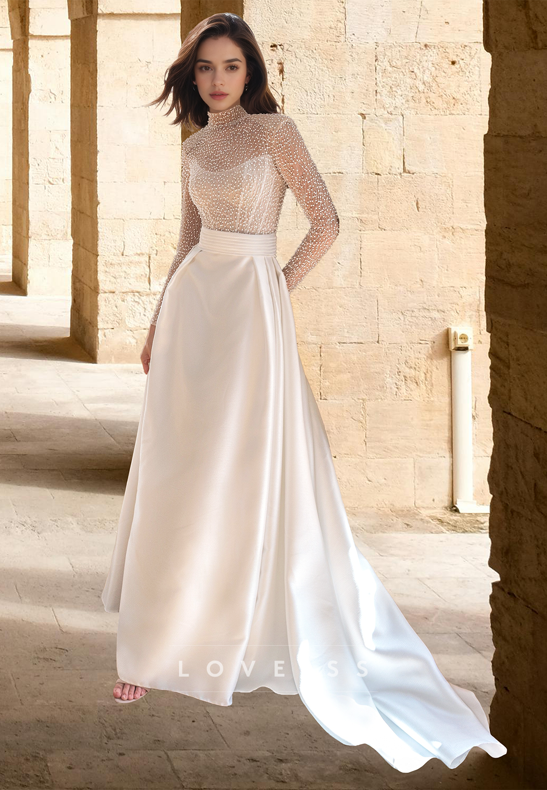 High Neck Long Sleeves Beaded Emboridery Satin A-Line Wedding Dress