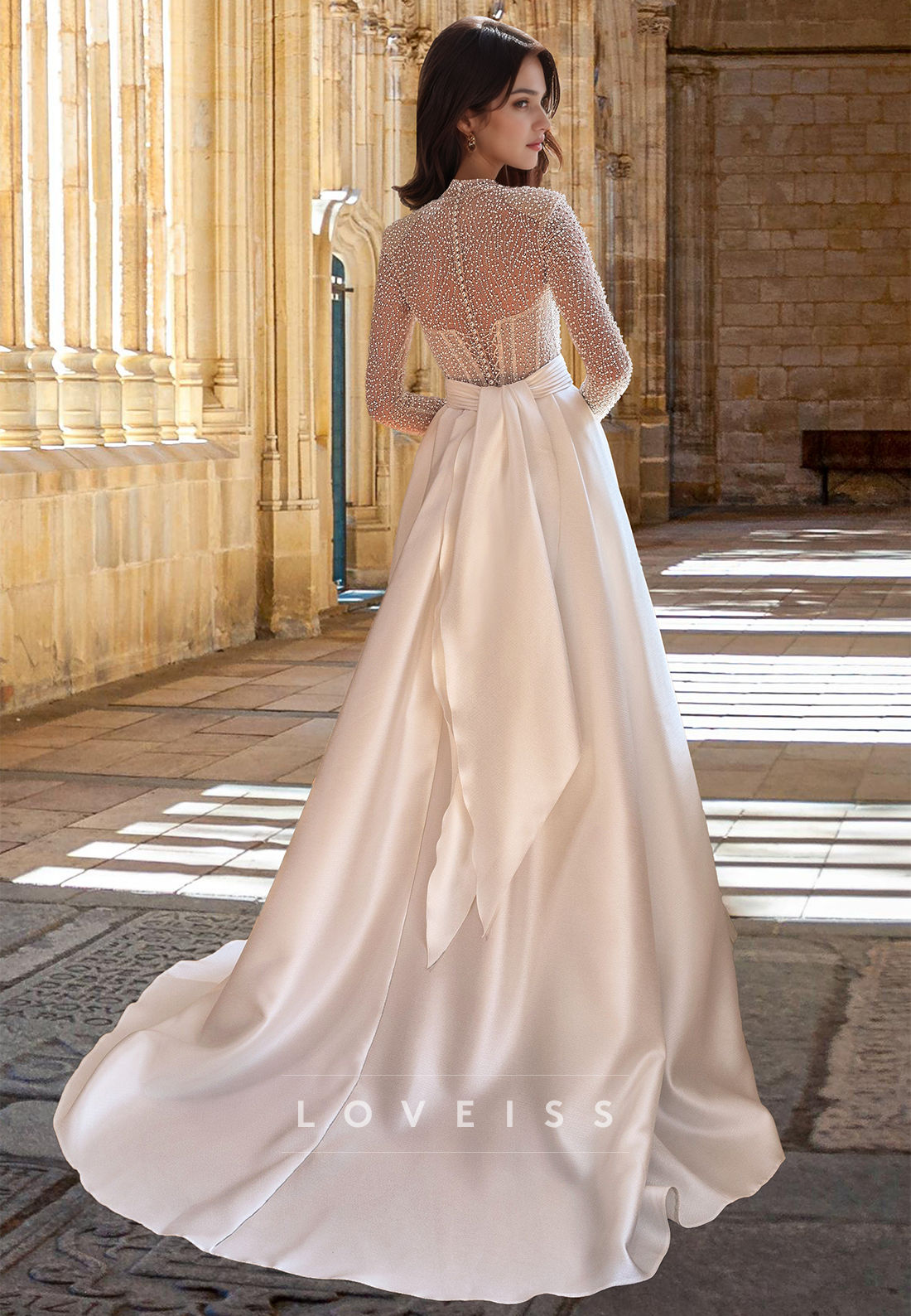 High Neck Long Sleeves Beaded Emboridery Satin A-Line Wedding Dress