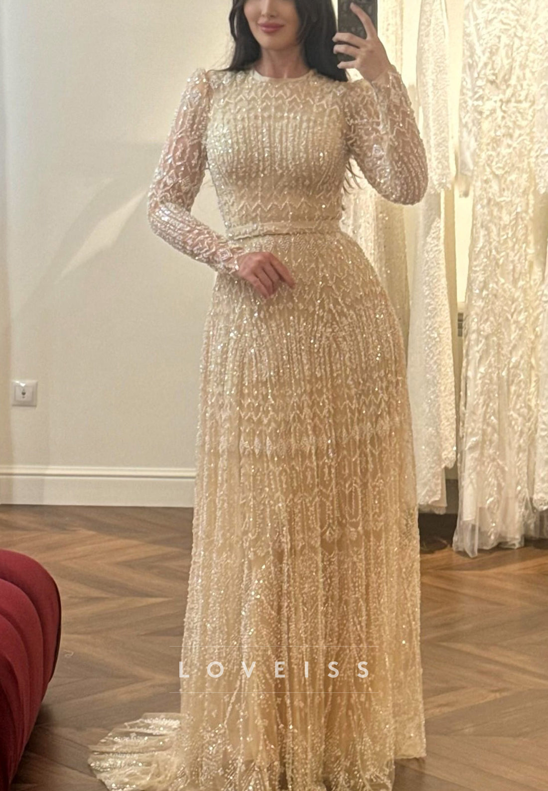 High Neck Long Sleeves Beaded Embroidery A-Line Evening Dress