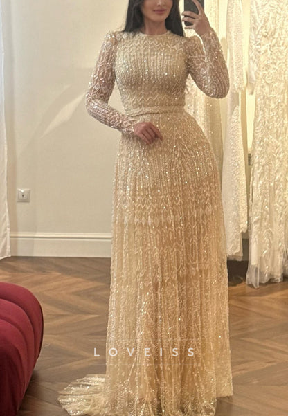 High Neck Long Sleeves Beaded Embroidery A-Line Evening Dress