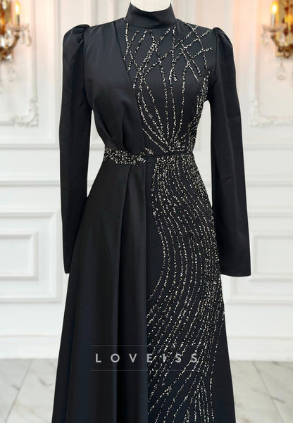 High Neck Long Sleeves Beaded Embroidery A-Line Mother of Bride Dress