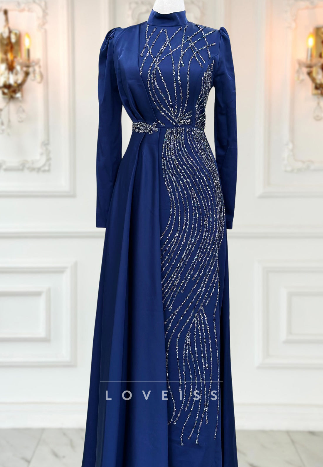 High Neck Long Sleeves Beaded Embroidery A-Line Mother of Bride Dress