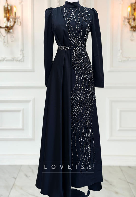 High Neck Long Sleeves Beaded Embroidery A-Line Mother of Bride Dress