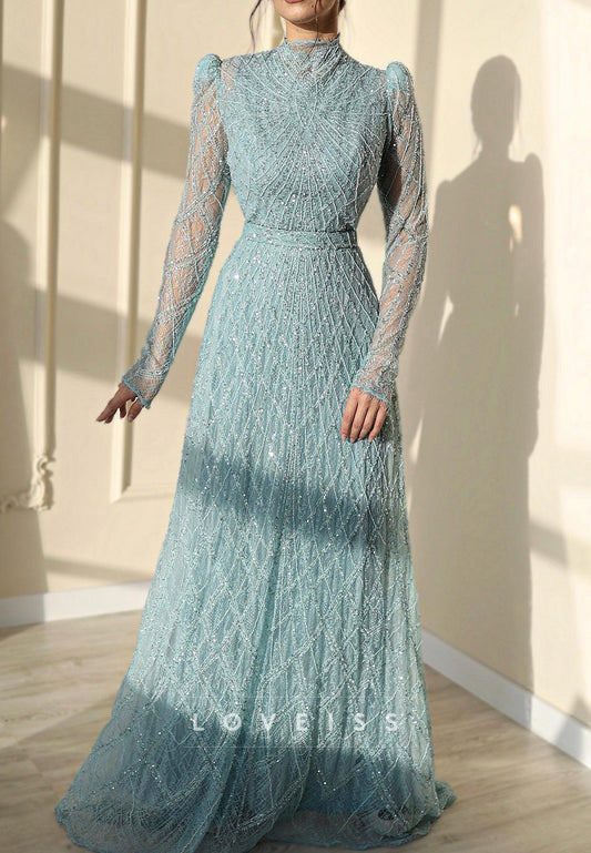 High Neck Long Sleeves Beaded Embroidery A-Line Prom Dress
