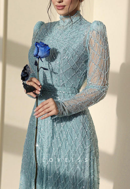 High Neck Long Sleeves Beaded Embroidery A-Line Prom Dress