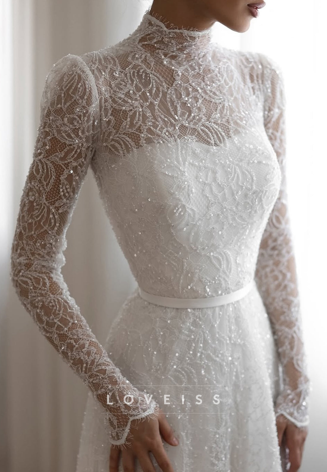 High Neck Long Sleeves Beaded Embroidery A-Line Wedding Dress
