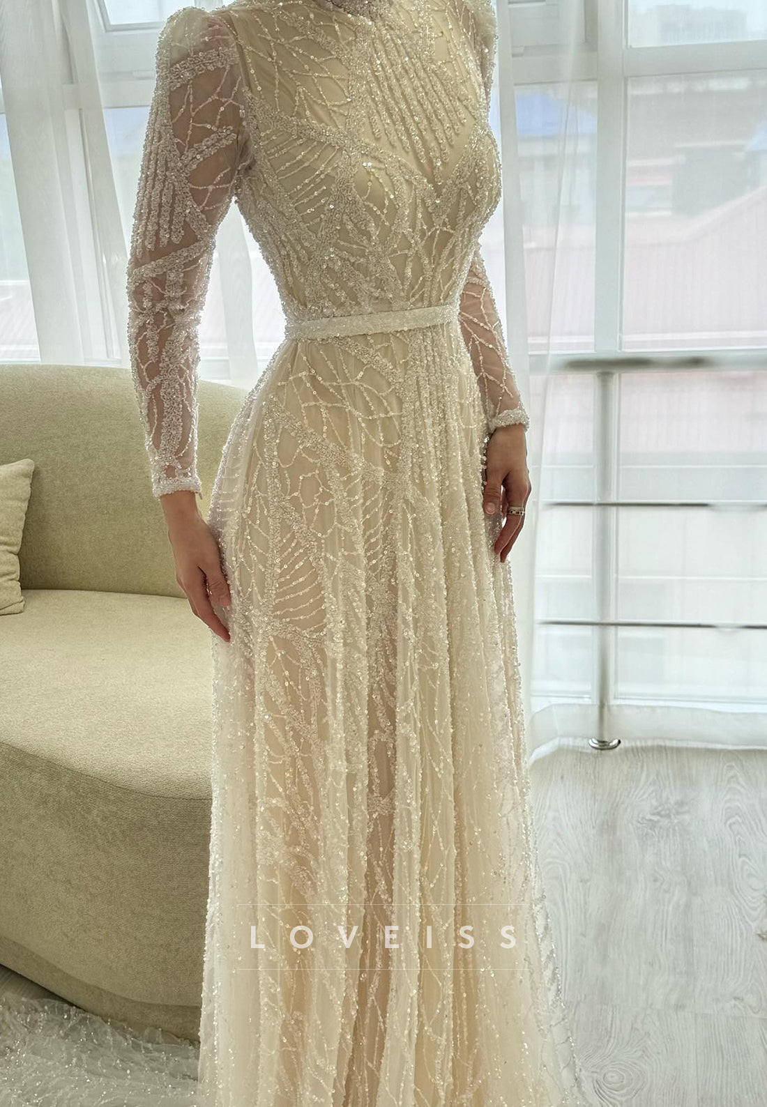 High Neck Long Sleeves Beaded Embroidery A-Line Wedding Dress