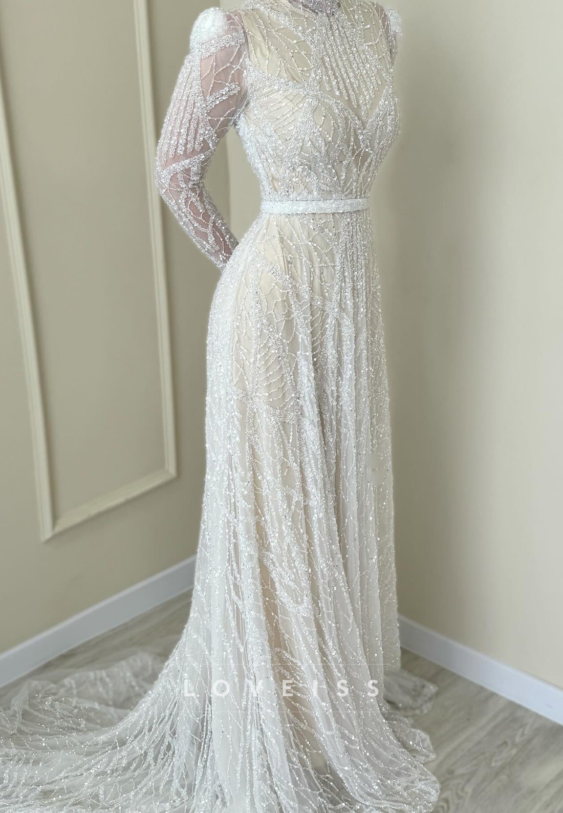 High Neck Long Sleeves Beaded Embroidery A-Line Wedding Dress