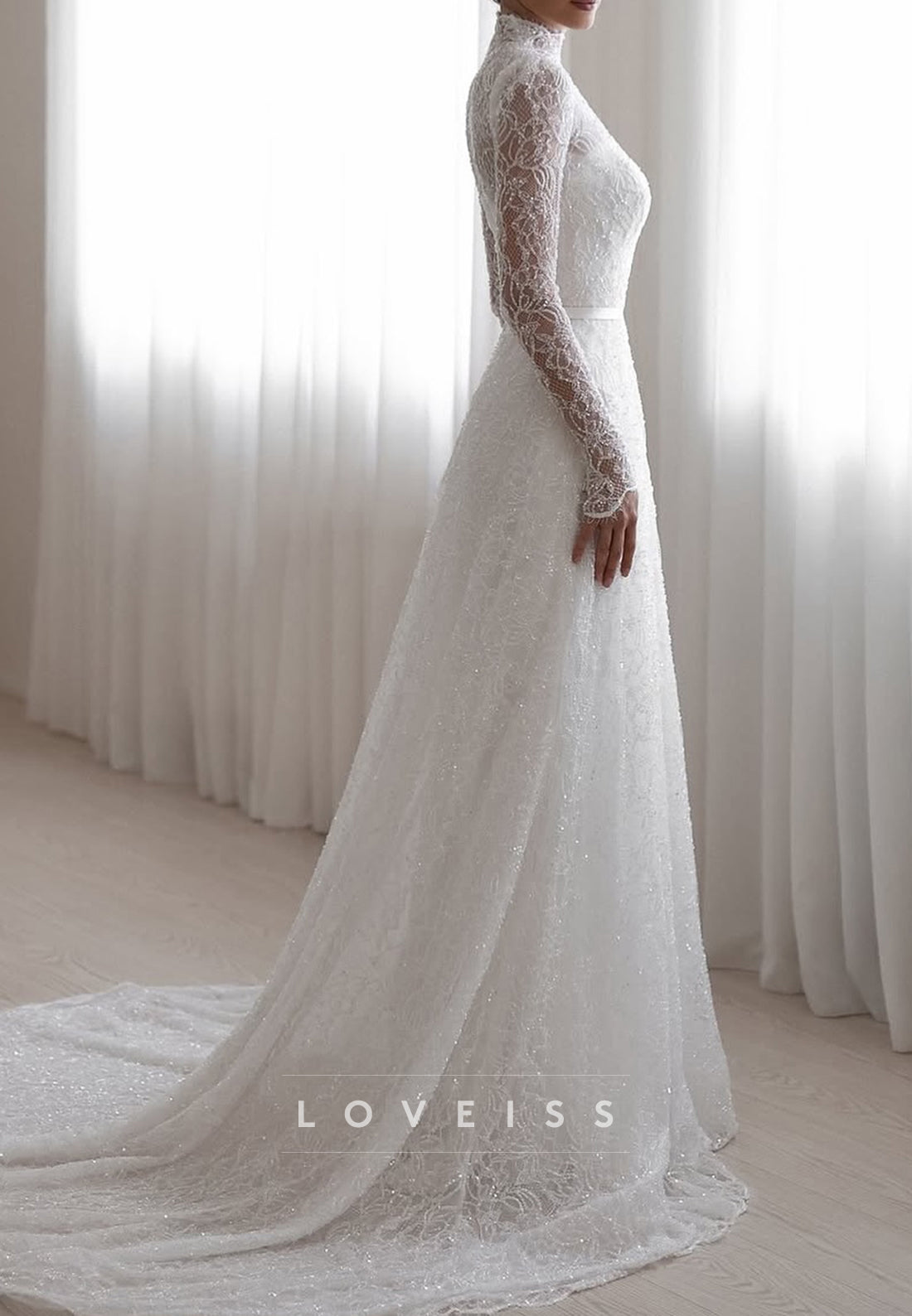 High Neck Long Sleeves Beaded Embroidery A-Line Wedding Dress