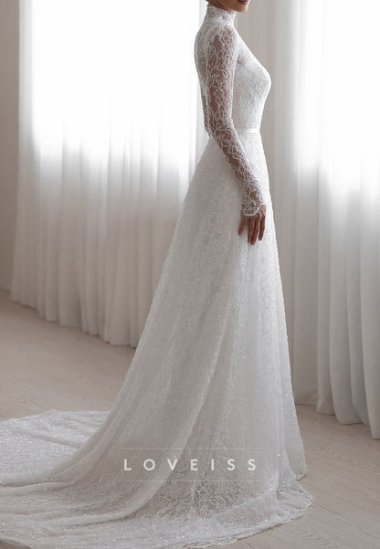 High Neck Long Sleeves Beaded Embroidery A-Line Wedding Dress