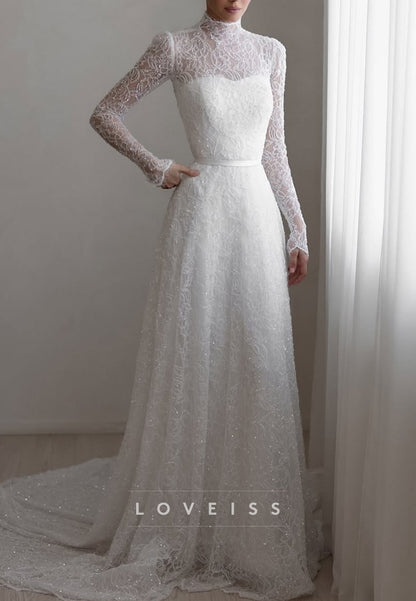 High Neck Long Sleeves Beaded Embroidery A-Line Wedding Dress