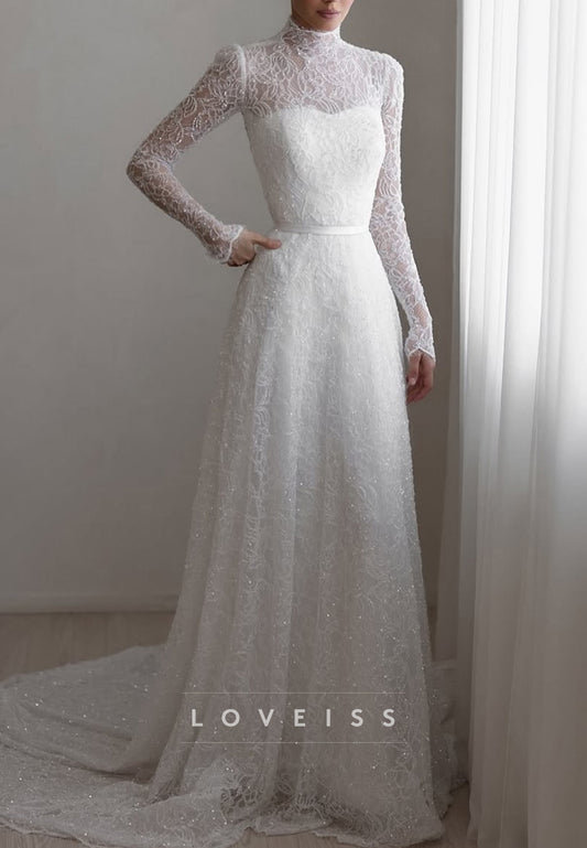 High Neck Long Sleeves Beaded Embroidery A-Line Wedding Dress