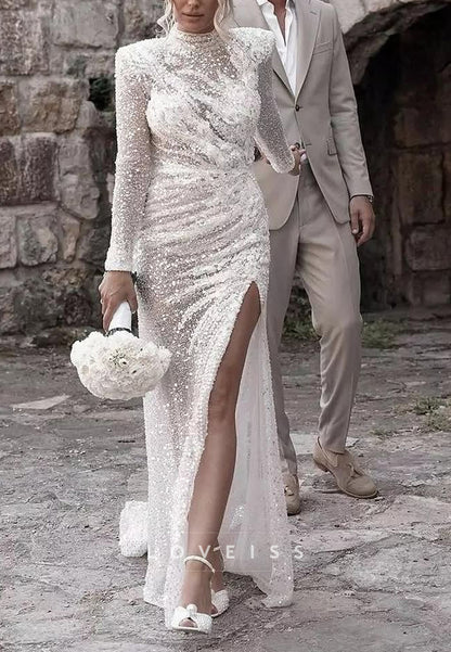 High Neck Long Sleeves Beaded Embroidery Appliques Sheath Wedding Dress