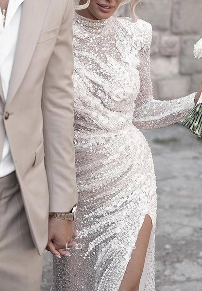 High Neck Long Sleeves Beaded Embroidery Appliques Sheath Wedding Dress