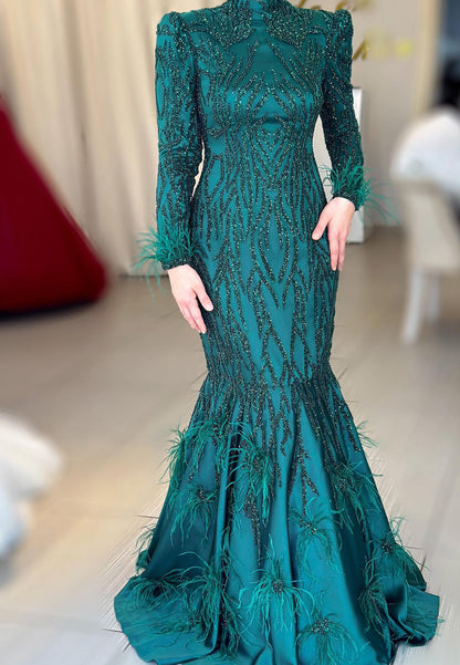 High Neck Long Sleeves Beaded Embroidery Mermaid Mother of Bride Dress