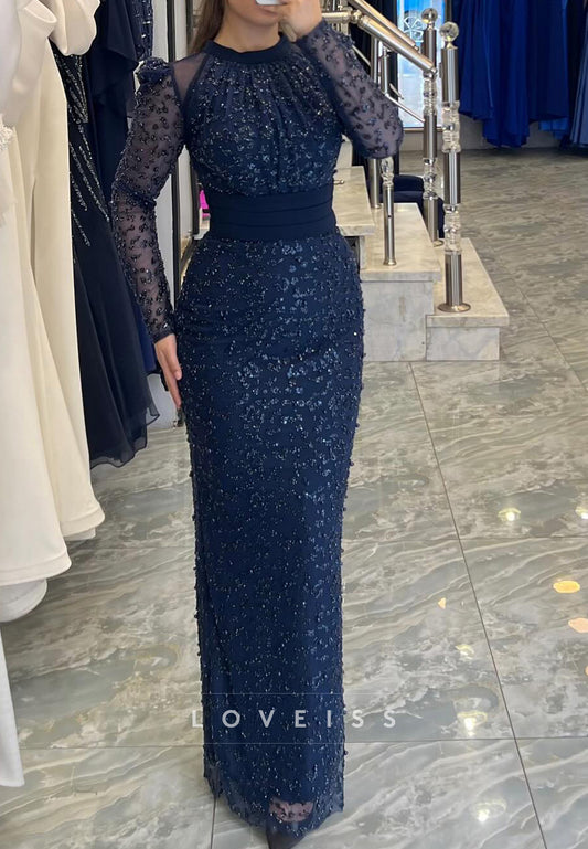High Neck Long Sleeves Beaded Embroidery Sheath Mother of Bride Dress