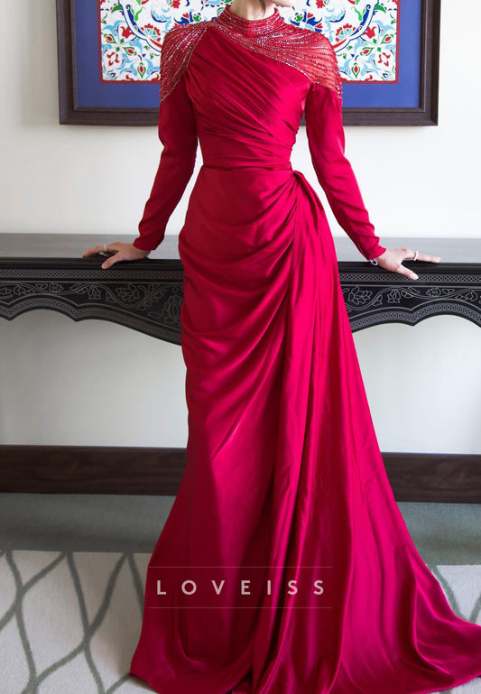 High Neck Long Sleeves Beaded Embroidery Sheath Mother of Bride Dress