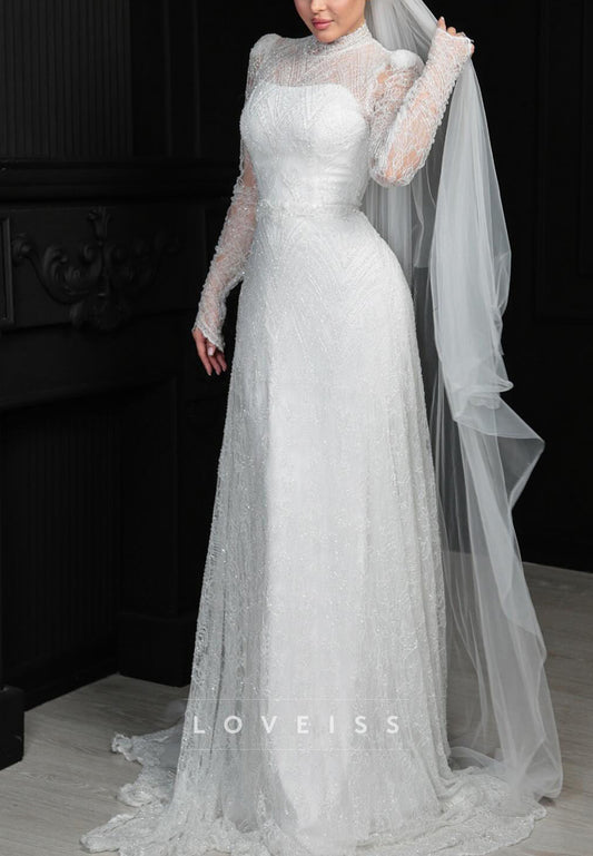High Neck Long Sleeves Beaded Embroidery Sheath Wedding Dress