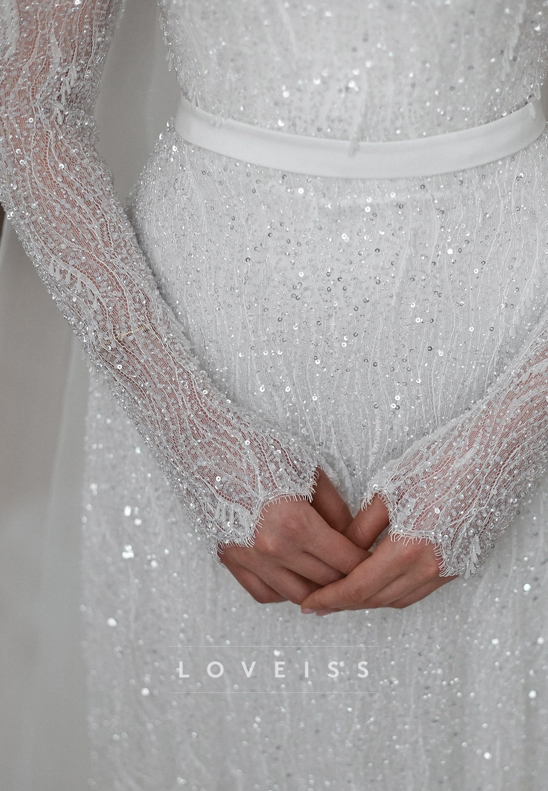 High Neck Long Sleeves Beaded Embroidery Sparkly A-Line Wedding Dress