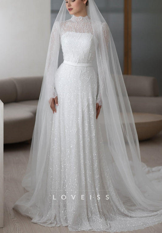 High Neck Long Sleeves Beaded Embroidery Sparkly A-Line Wedding Dress