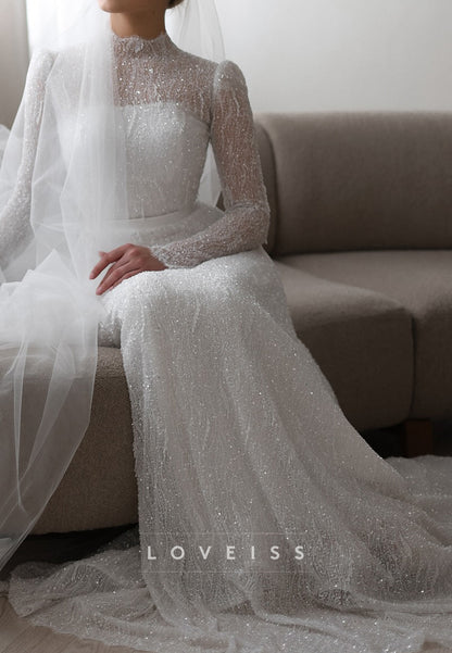 High Neck Long Sleeves Beaded Embroidery Sparkly A-Line Wedding Dress