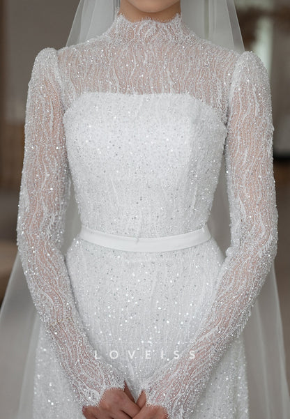 High Neck Long Sleeves Beaded Embroidery Sparkly A-Line Wedding Dress