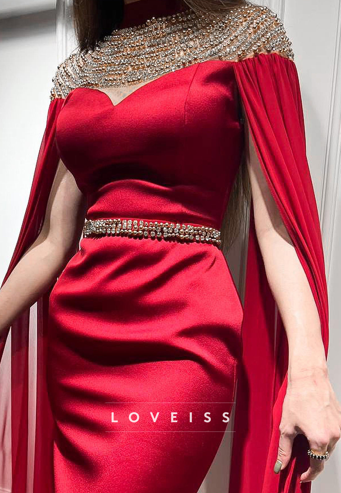 High Neck Long Sleeves Beaded Mermaid Formal Dress