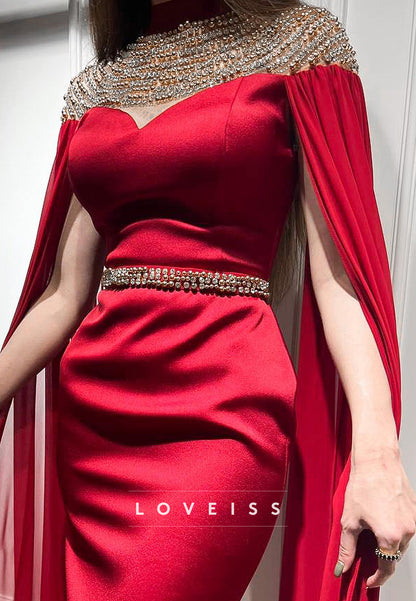High Neck Long Sleeves Beaded Mermaid Formal Dress