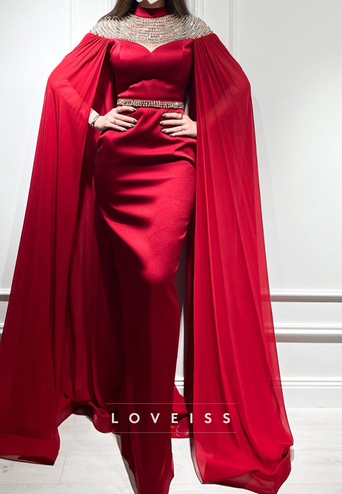 High Neck Long Sleeves Beaded Mermaid Formal Dress