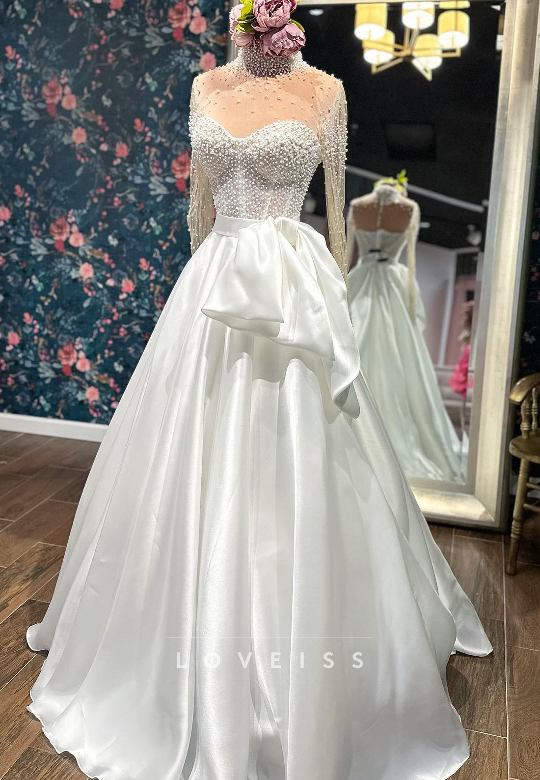 High Neck Long Sleeves Beaded Pearl Satin A-Line Wedding Dress