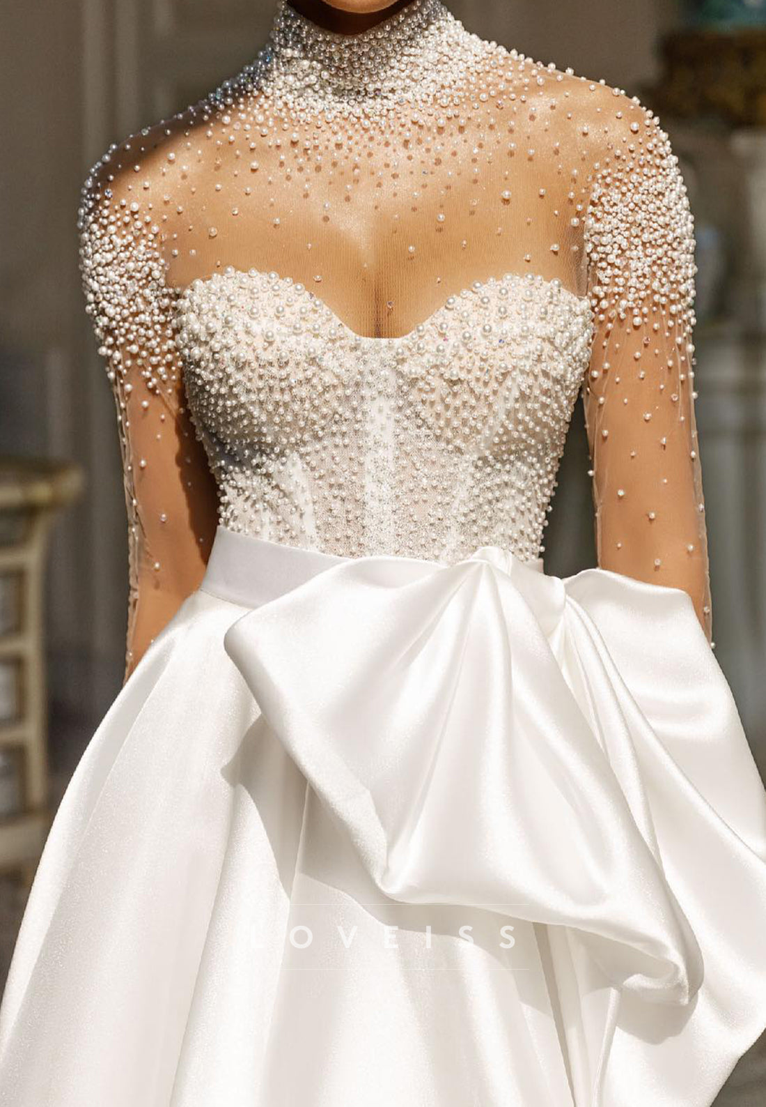 High Neck Long Sleeves Beaded Pearl Satin A-Line Wedding Dress