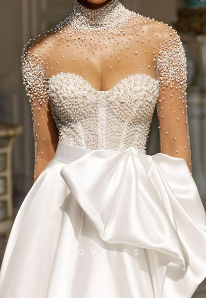 High Neck Long Sleeves Beaded Pearl Satin A-Line Wedding Dress