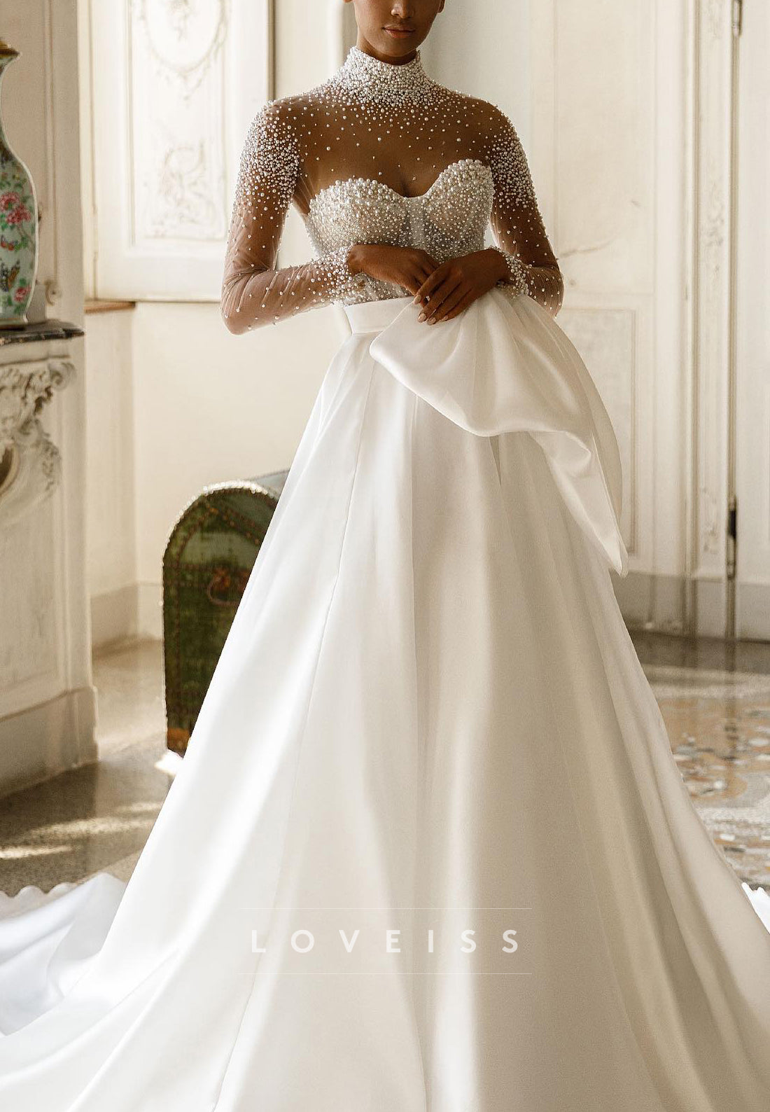 High Neck Long Sleeves Beaded Pearl Satin A-Line Wedding Dress