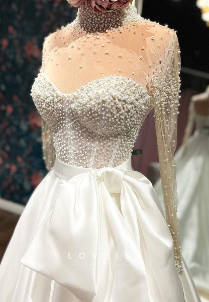 High Neck Long Sleeves Beaded Pearl Satin A-Line Wedding Dress