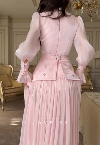 High Neck Long Sleeves Beaded Pleated A-Line Evening Dress