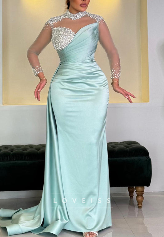 High Neck Long Sleeves Beaded Pleated Sheath Evening Dress