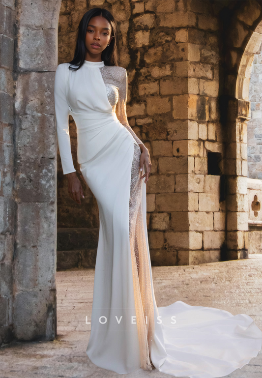 High Neck Long Sleeves Beaded Pleated Side Slit Sheath Beach Wedding Dress