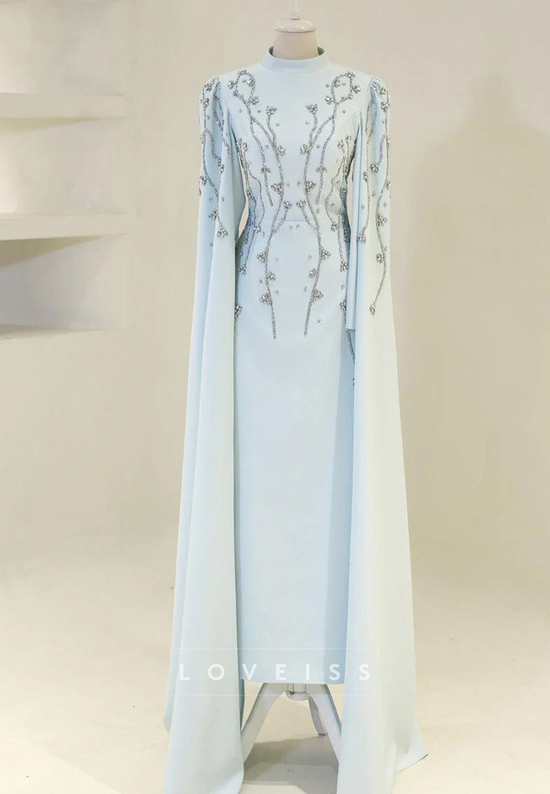High Neck Long Sleeves Beaded Sheath Evening Dress