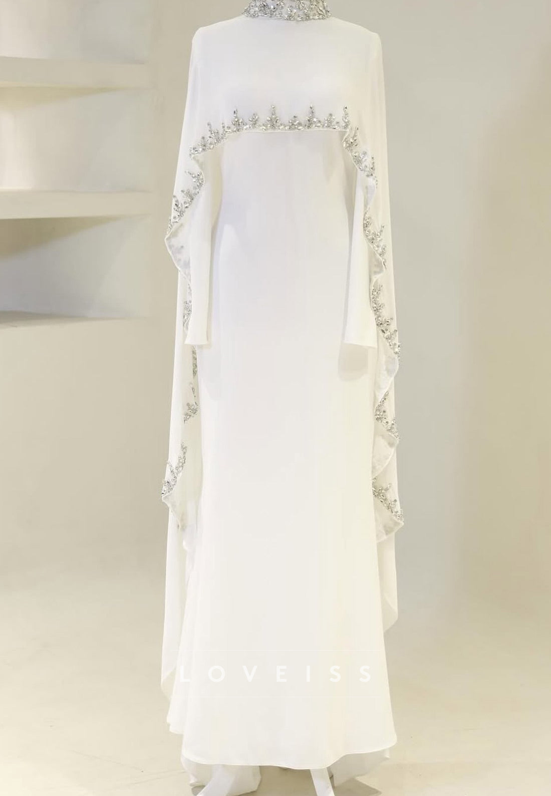 High Neck Long Sleeves Beaded Sheath Evening Dress