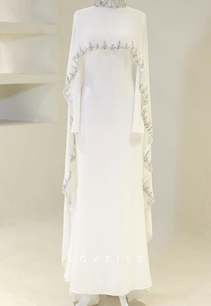 High Neck Long Sleeves Beaded Sheath Evening Dress