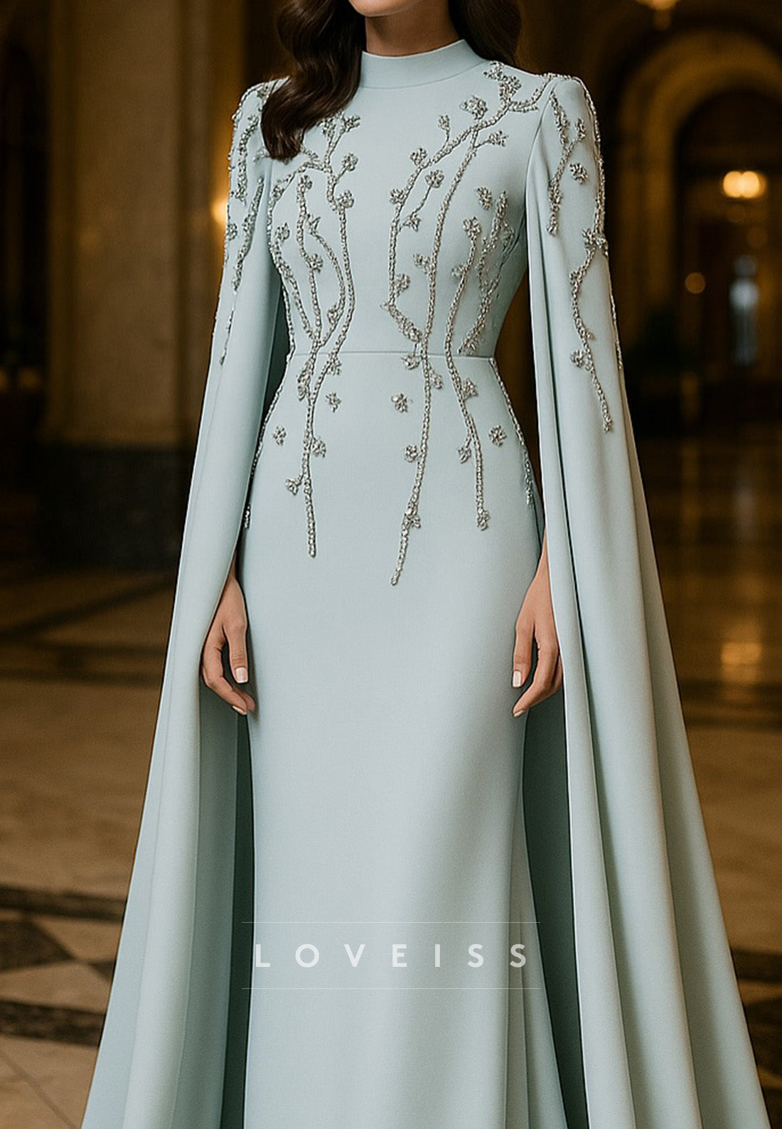 High Neck Long Sleeves Beaded Sheath Evening Dress