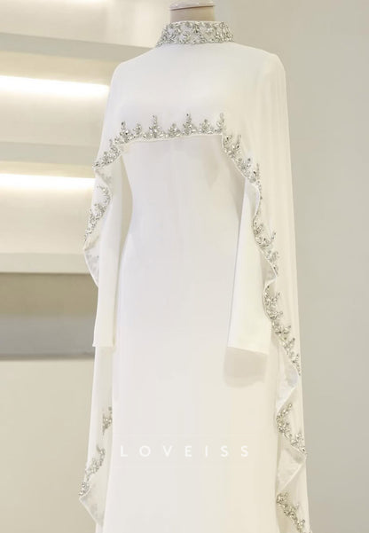 High Neck Long Sleeves Beaded Sheath Evening Dress