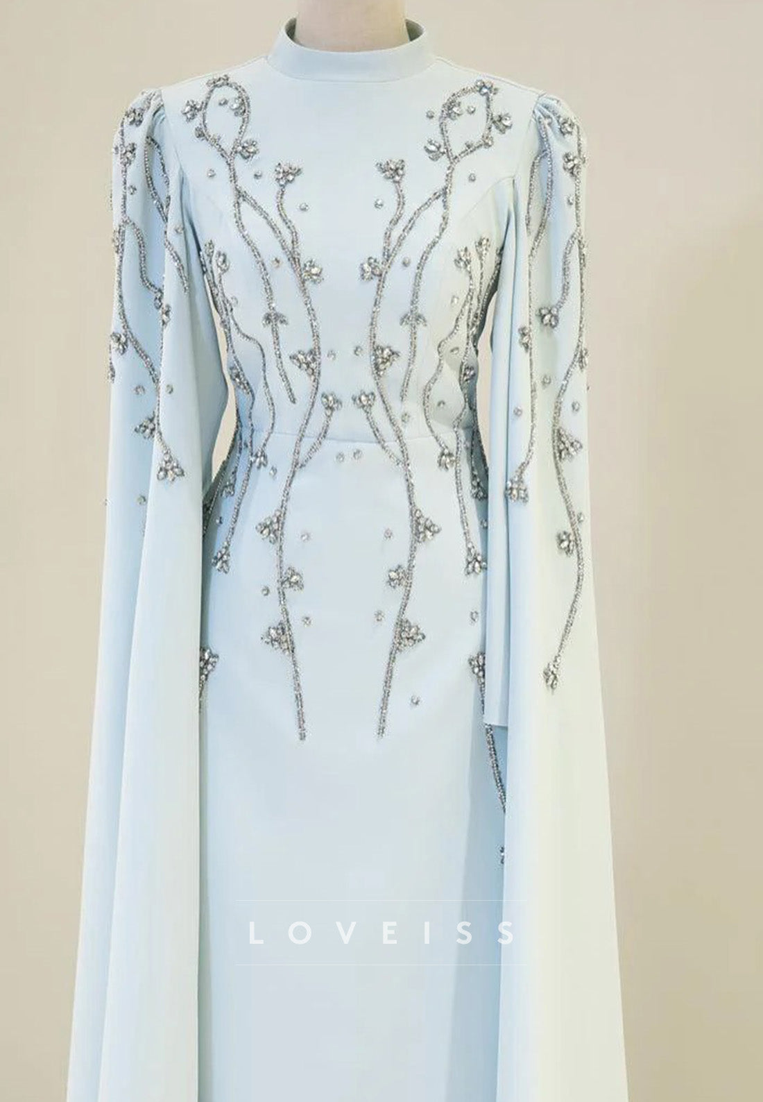 High Neck Long Sleeves Beaded Sheath Evening Dress
