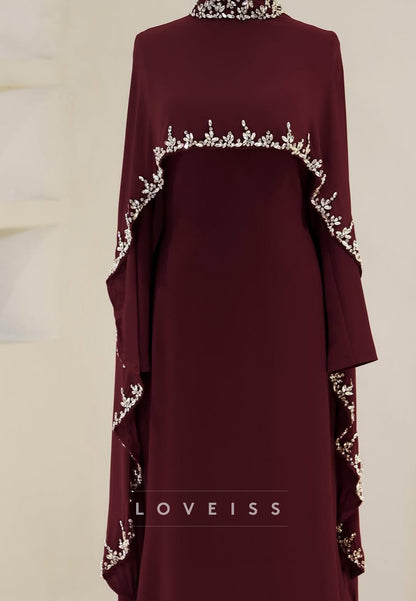 High Neck Long Sleeves Beaded Sheath Evening Dress