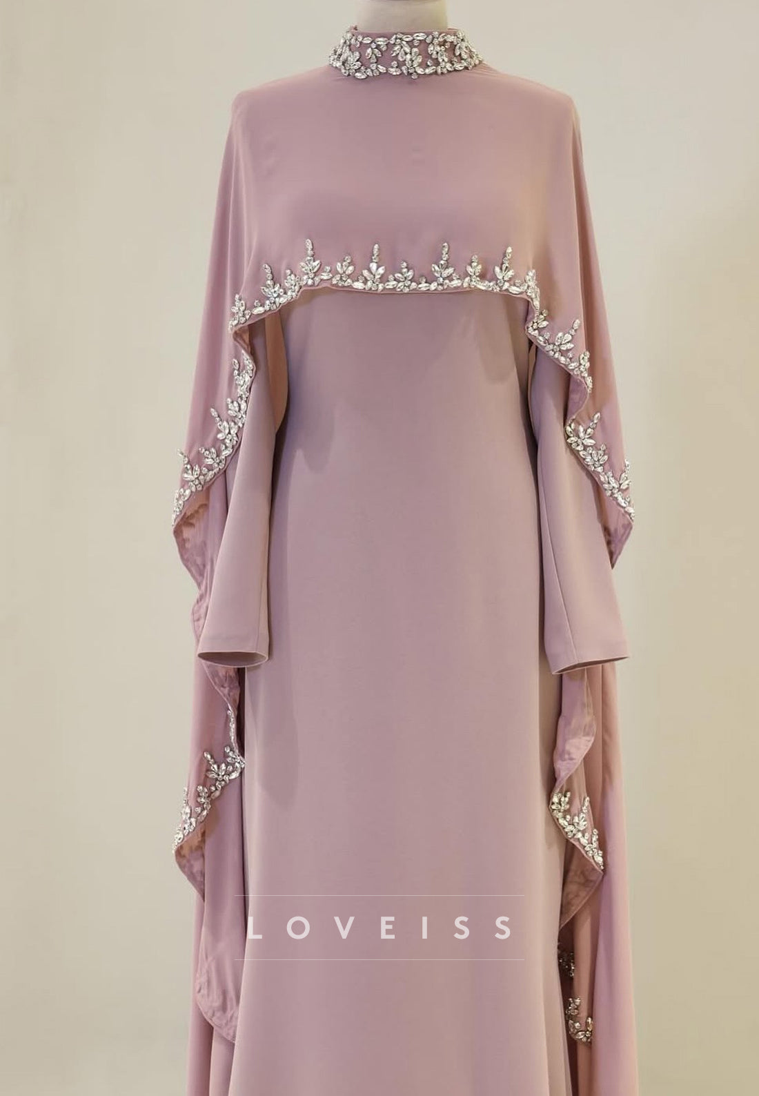 High Neck Long Sleeves Beaded Sheath Evening Dress